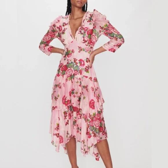 LoveShackFancy Salima Midi Dress FLAWED Pink Floral Tiered Asymmetrical Size 2 - Picture 1 of 9